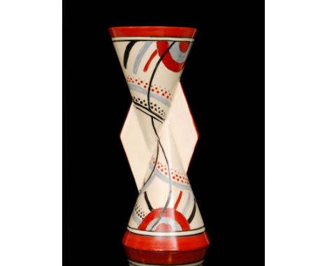 A tribute Yo Yo vase after Clarice Cliff, hand painted by Terry Abbotts in the Carpet pattern with an abstract design in red,