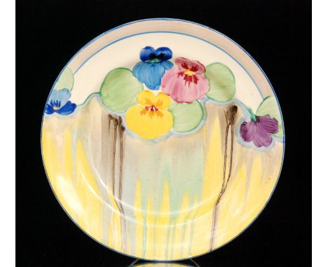 A 1930s Clarice Cliff Delecia Pansy pattern side plate, Bizarre mark, diameter 23cm
