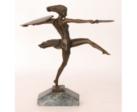 A 20th Century Art Deco style bronze figure of a girl holding shield and sword in running pose on shaped marbled base, bears 
