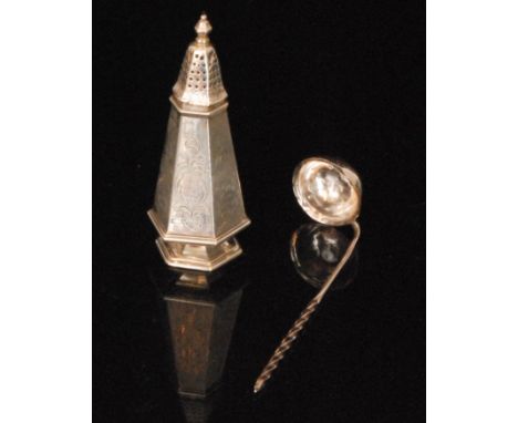 A Victorian hallmarked silver hexagonal shaped castor with part foliate engraved decoration height 13cm, together with an ear