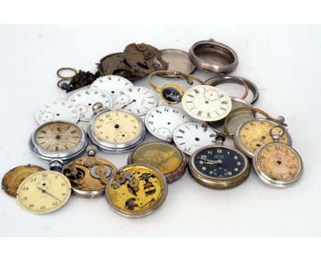 A large collection of disassembled fob watch parts to include cases, bezels enamelled dials and part movements (qty) 