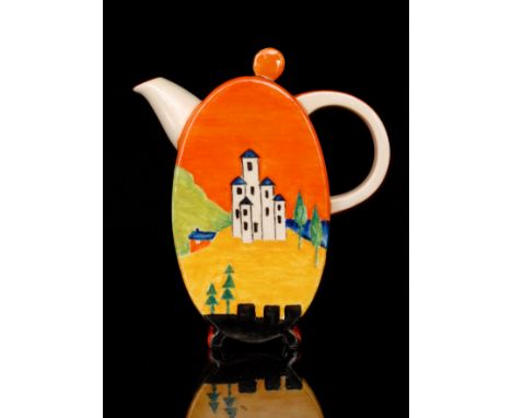 A tribute Bon Jour shape coffee pot after the Clarice Cliff Applique Lucerne, hand painted by Terry Abbotts with a stylised l