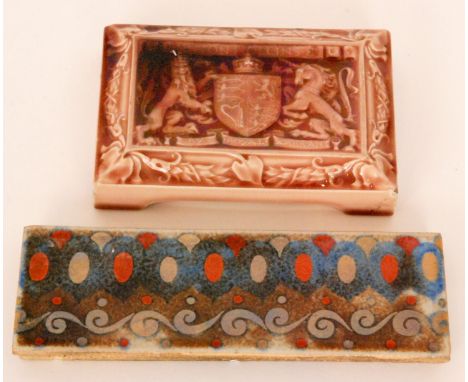 A 19th Century Minton Hollins & Co tile paperweight glaze flooded in pink, impressed marks to the reverse, 11cm x 8cm togethe