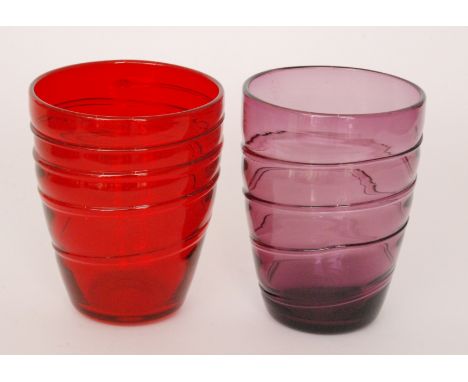 Two Whitefriars ribbon-trailed bucket vases designed by Barnaby Powell, pattern 9030, one in Ruby, one in Amethyst, height 18