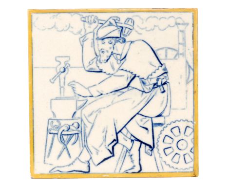 A 19th Century 6" Minton Hollins dust pressed tile from the Arts and Sciences series decorated with a blue and white transfer