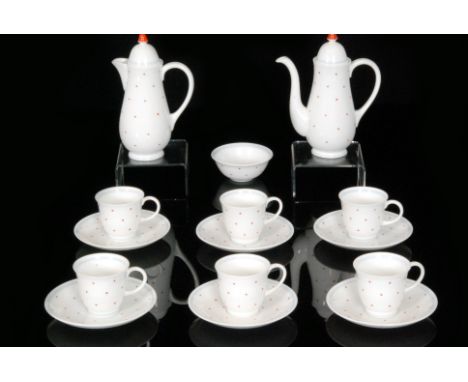 A bone china Susie Cooper coffee set comprising coffee pot, six cups and saucers, hot milk jug and a sugar bowl, all decorate