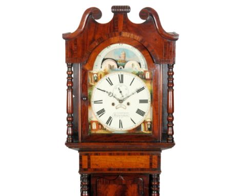 A mid 19th Century mahogany longcase clock with eight-day movement, the swan neck pediment above the 14 inch painted broken a