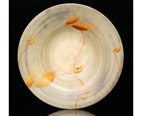 A Clarice Cliff Beechwood 13" ribbed charger circa 1935 hand painted with leafing boughs over a graduated grey ground, Bizarr