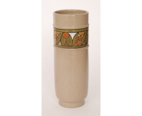 A Poole Pottery Olympus range cylinder vase decorated by Debbie Leroy with a band of orange fruit and foliage against a mottl