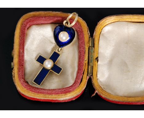 An early 19th Century gold seed pearl set memorial pendant modelled as a cross and heart with blue enamel detail and plaited 