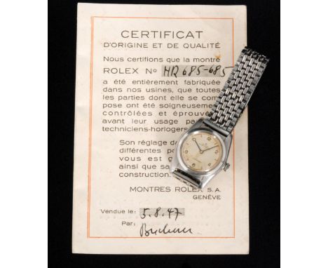 A mid 20th Century stainless steel bubble back Rolex Oyster Perpetual Chronometre, baton and Arabic numerals mix to a circula