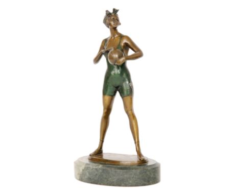 A reproduction Art Deco style bronze figure after Bruno Zach modelled as a female bather, standing and holding a ball, raised