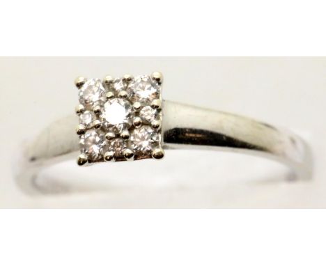 9ct white gold, diamond cluster engagement ring, size Q, 2.5g. P&amp;P Group 1 (£14+VAT for the first lot and £1+VAT for subs