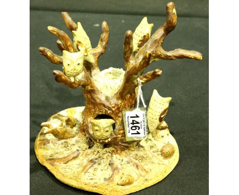 Alan Ward studio pottery candlestick in the design of a withered tree with owls, rabbits, hedgehogs and a mouse. Incised mark