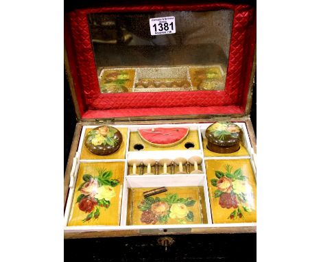 Hand painted fitted sewing box c1900 with interior painted lids. P&amp;P Group 3 (£25+VAT for the first lot and £5+VAT for su