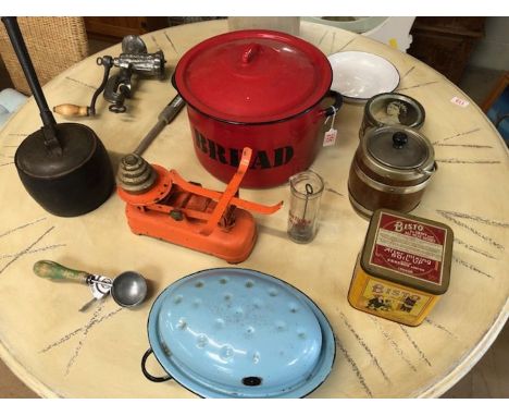 Kitchenalia, a collection of vintage kitchen items, to include, red enamel bread bin, cast iron sauce pan, scales salt glaze 
