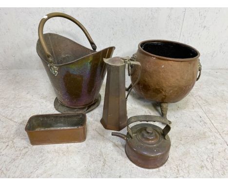 Miscellaneous copper, to include 2 Antique coal scuttles  one with lion head handles and paw feet, Art Nouveau water jug, a k