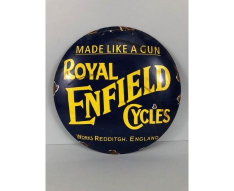 Enamel Advertising sign,  Round enamel sign for Royal Enfield Cycles works Redditch England, approximately 30cm diameter