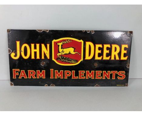 Enamel Advertising sign, oblong sign for John Deere Farm Implements, approximately 45 x 21 cm