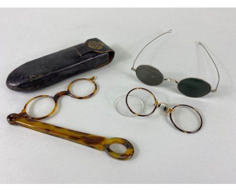 Antique Spectacles, 3 pairs of 19th century eye glasses being an imitation tortoise shell Lorgnette in a case, a pair of yell