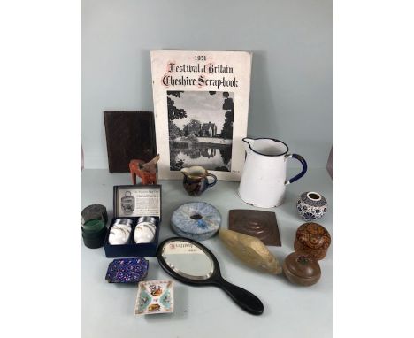 A collection of miscellaneous items, to include an enamel ware jug, hand mirror , Indian copper plaque , 2 decorated boxes et