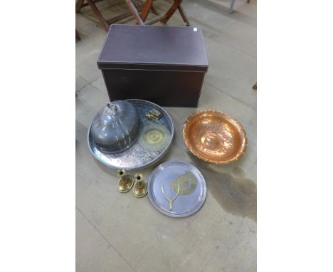 A large silver plated circular gallery tray, meat dome, smaller plated tray, copper bowl, a pair of brass candlesticks and st