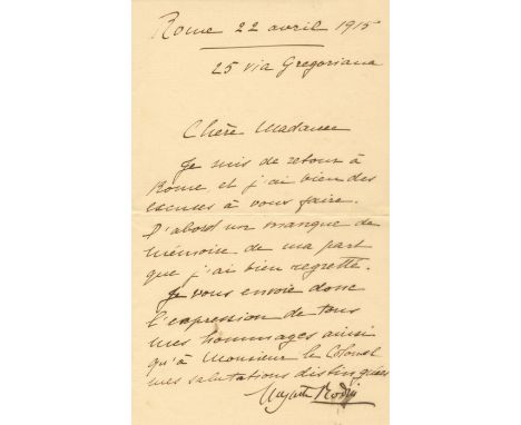 RODIN AUGUSTE: (1840-1917) French Sculptor. A.L.S., `Auguste Rodin´, one page, 8vo, Rome, 22nd April 1915, to Countess Laura 