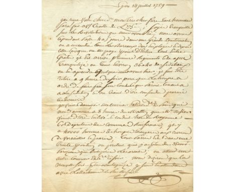 [14th JULY 1789]: An extremely rare and exceptional A.L.S., one page, 4to, Lyon, 14th July 1789, in French. The letter is wri
