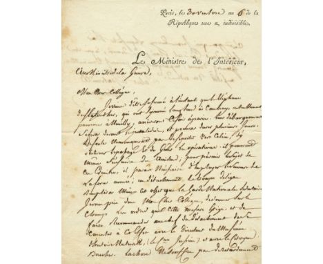 [ELEPHANTS IN PARIS, 1798]: A very interesting A.L.S., `Letourneux´, by François Letourneux (1752-1814) French Minister of th