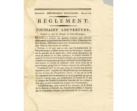 [TOUSSAINT LOUVERTURE FRANÇOIS]: Rare printed document, four pages, 4to, issued at Le Cap, Saint Domingue, 15th May 1800, in 