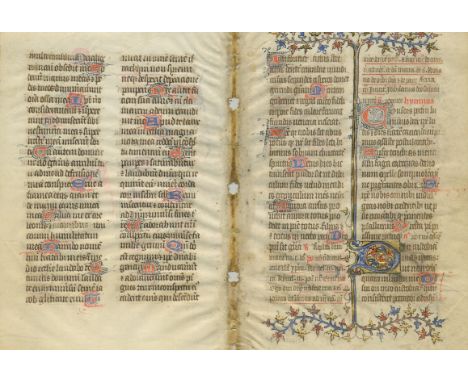 BOOK OF HOURS: An excellent double leaf, verso &amp; recto, on vellum, four 3 x 4 pages, removed from a 15th century medieval