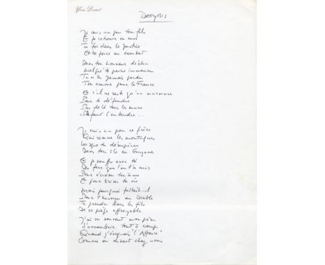 DUTEIL YVES: (1949- ) French Singer & Songwriter. The original manuscript of his song Dreyfus, three pages, folio, n.p., n.d.