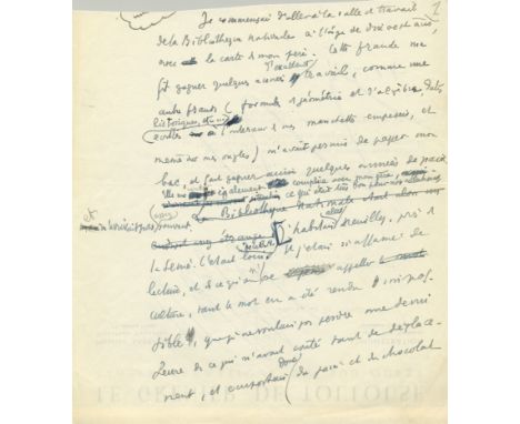MONTHERLANT HENRY DE: (1895-1972) French Novelist. An interesting autograph manuscript by Montherlant, thirteen pages, 4to, f