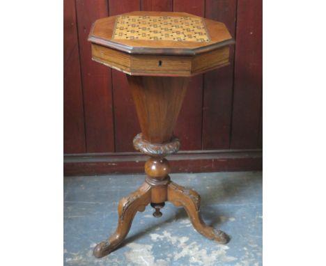 19th century mahogany inlaid chess top table, with fitted interior, on carved tripod supports. Approx. 72.5cms H x 43cms W 