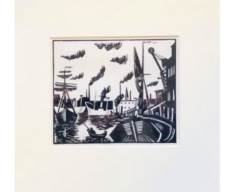 UNKNOWN, DOCK SCENE, LINOCUT PRINT, UNSIGNED, APPROXIMATELY 13 x 14cm 