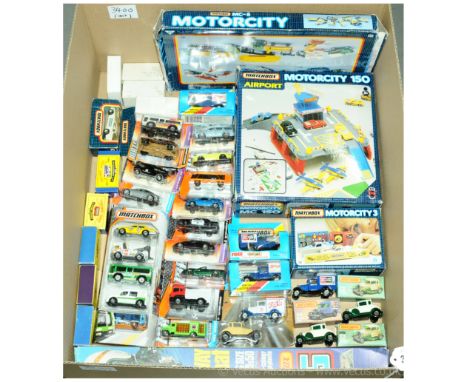 Matchbox a mixed group to include 2x 73 Model 'A' Ford, Motorcity 150 Airport, Matchbox Matchmates Ford, Motorcity MC-8 Const