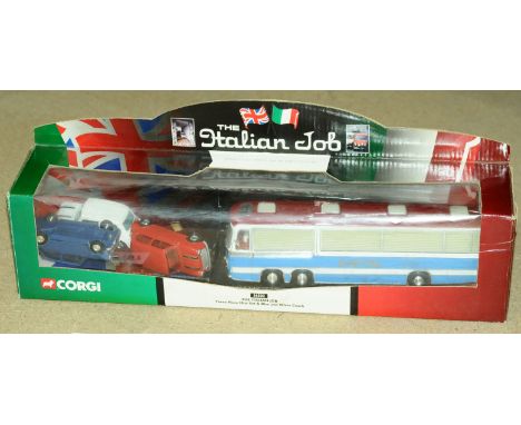Corgi "The Italian Job" Gift Set 36502 which comprises of a Coach and 3 x Mini models which are finished in red, white and bl