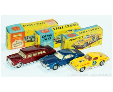 Corgi a boxed group to include 247 Mercedes Benz 600 Pullman, 264 Oldsmobile Toronado &amp; 337 Customized Chevrolet Corvette