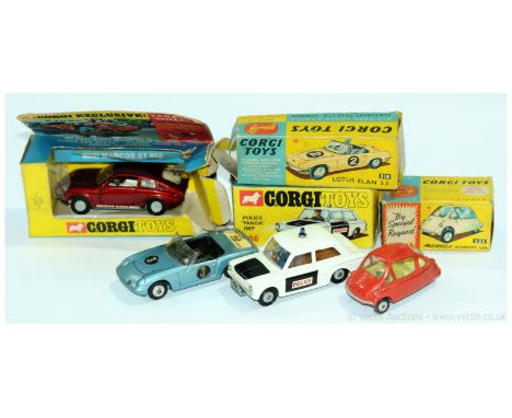 Corgi a boxed group to include 233 Heinkel-I Economy Car, 318 Lotus Elan S2, 341 Mini Marcos GT 850 &amp; 506 Police Panda IM