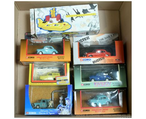 Corgi and Lledo a boxed TV &amp; Film group to include 96757 Morris Minor 'Lovejoy', 2x 96758 Morris Minor 'Some Mothers Do '