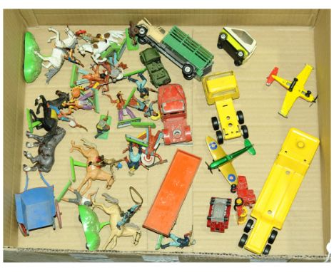 A mixed group to include unboxed Britains and similar cowboy &amp; Indians figures, Britains Horse &amp; Cart, Lone Star, Cor