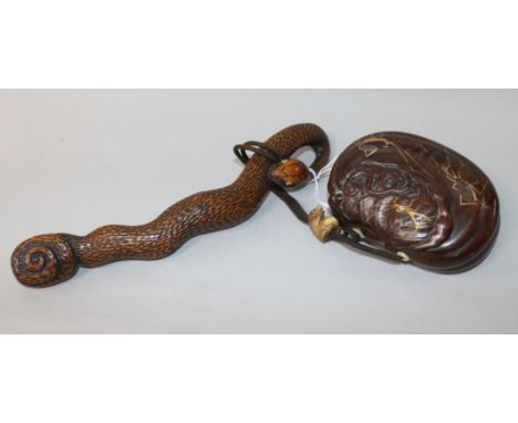 A Japanese carved wood 'snake' netsuke with single case inro and ojime inro 7cm, snake, 19cm.