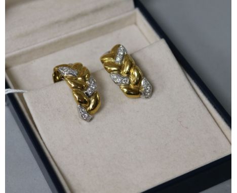 A pair Bucherer 18ct gold and diamond set plaited style half hoop earrings, with a total diamond weight of approximately 0.32