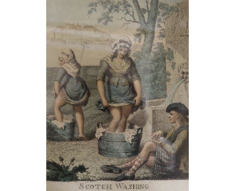 After Cruikshank, coloured engraving, 'Scotch Washing', 19 x 15cm, Gertrude Hayes, 'The Schoolhouse Quadrangle, Rugby' and fo