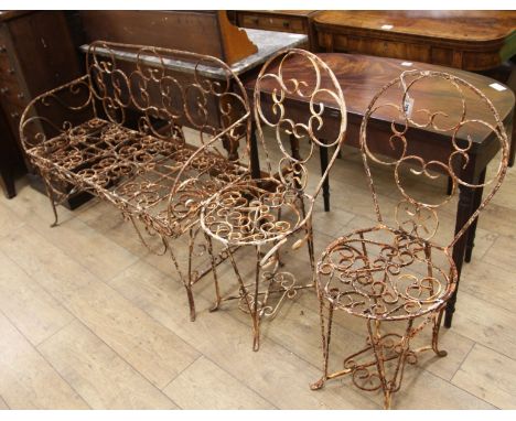 A metal garden bench and 2 chairs W.114cm