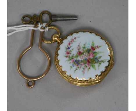 A continental 18ct gold and enamel fob watch with Roman dial.
