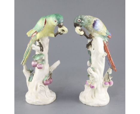 A rare pair of Naples Real Fabbrica porcelain figures of parrots on fruiting branches, early 19th century, incised 'N' mark, 