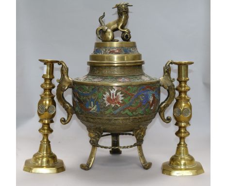 A Japanese champleve enamel and brass koro and a pair of brass candlesticks H.46ins