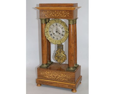 A rosewood inlaid portico clock H.53cm, W.26cm