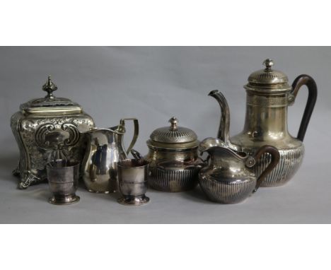 A late 19th/early 20th century French 950 standard silver three piece tea set by Emile Puiforcat and other items including a 